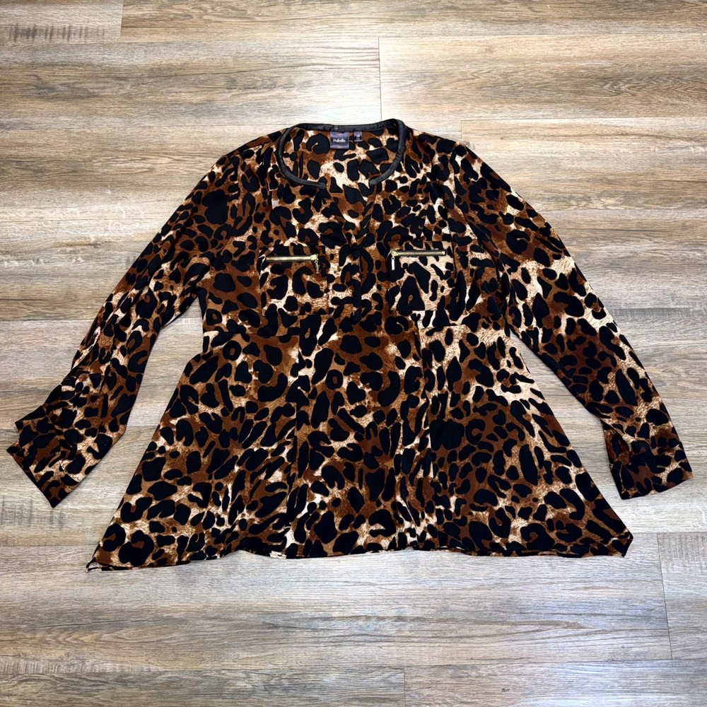 Rafaella Long-Sleeve Leopard-Print Blouse Womens L Gold-Tone Zipper Pockets